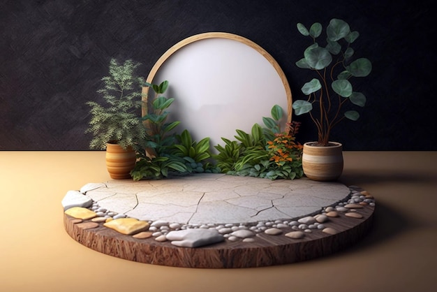 Wooden flat circle empty blank podium stage mockup with plants Generative ai illustration