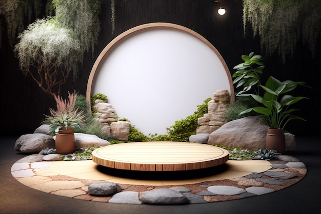 Wooden flat circle empty blank podium stage mockup with plants for product display