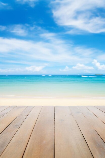 Photo wooden floor on a beach with a blue sky and white clouds