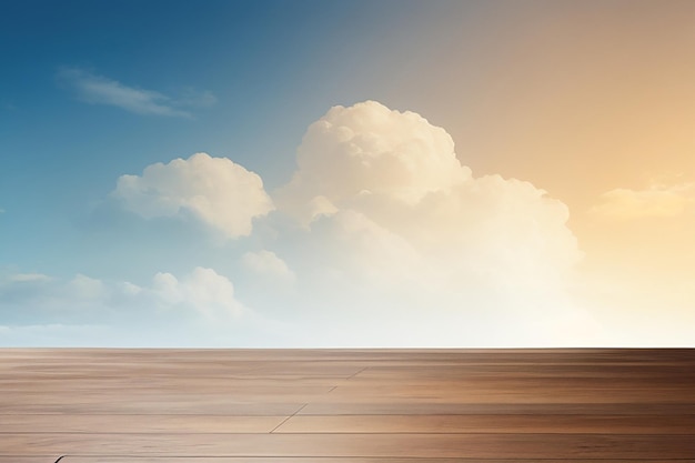 Wooden floor and blue sky with clouds and sunshine background high quality photo