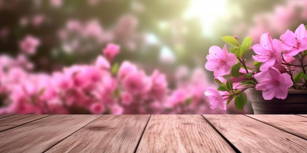 Wooden floor and blurred pink flower background copy space AI Generated