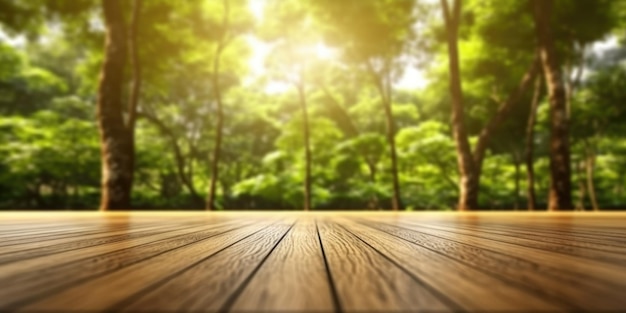 Wooden floor and blurred tree forest on behing background generative ai image weber