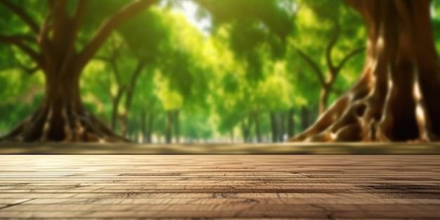 wooden floor and blurred tree forest on behing background Generative AI image weber
