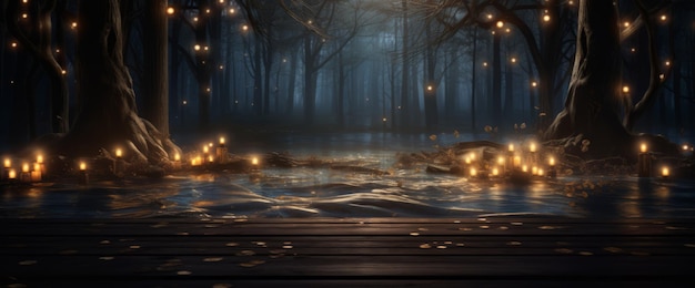 Photo wooden floor in a dark forest with glowing garland lights