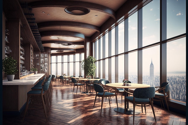 A wooden floor dark wooden tables and chairs nearby make up the inside of the skyscrapers