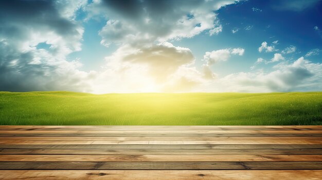 Wooden floor in a field with a blue sky and clouds