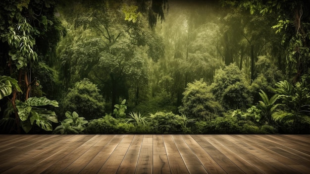 Photo a wooden floor in a jungle with a green background and a wooden floor.