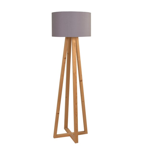 Photo a wooden floor lamp with a grey shade.