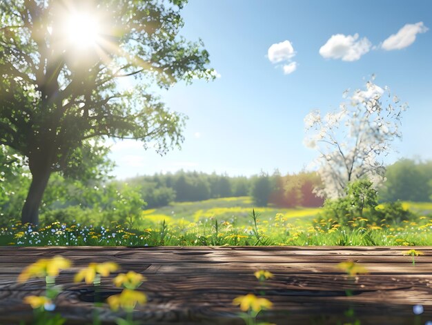 Photo wooden floor in the meadow with green grass and blue sky