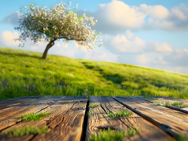Wooden floor in the meadow with green grass and blue sky