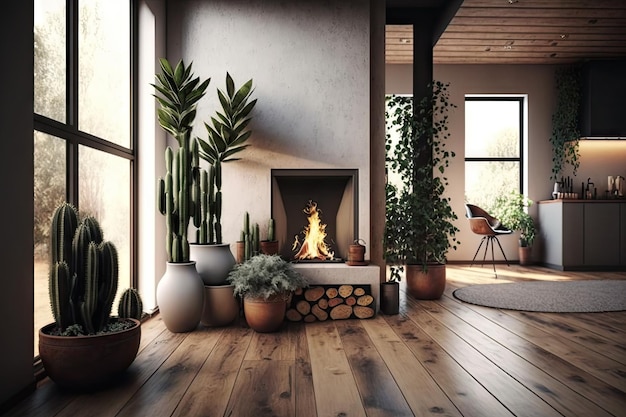 Wooden floor modern interior design with beautiful fireplace and plants in pots