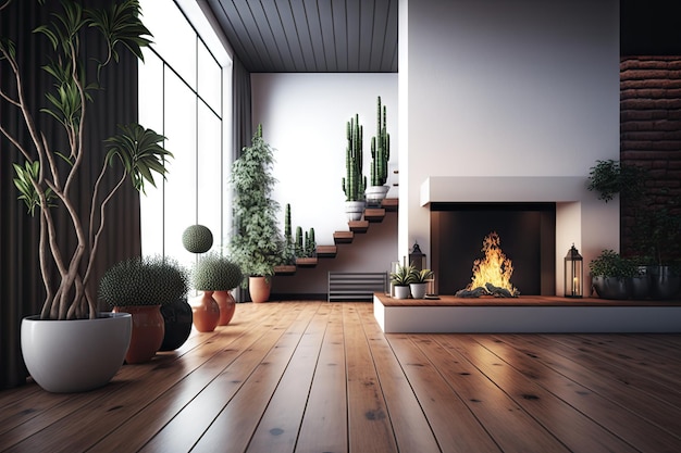 Wooden floor modern interior design with beautiful fireplace and plants in pots
