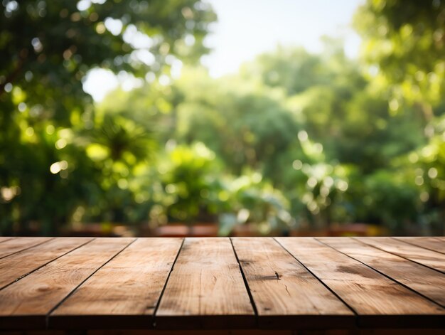 Wooden floor perspective and green forest with ray of light