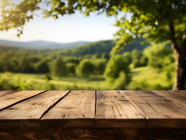 Wooden floor perspective and green forest with ray of light