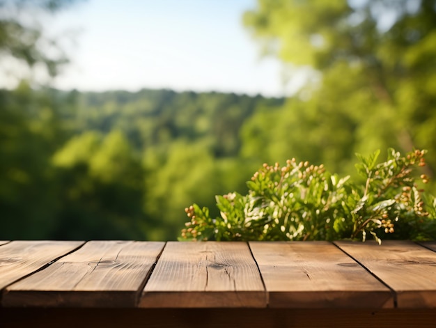 Photo wooden floor perspective and green forest with ray of light