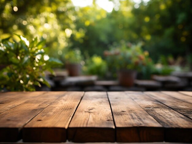 Wooden floor perspective and green forest with ray of light