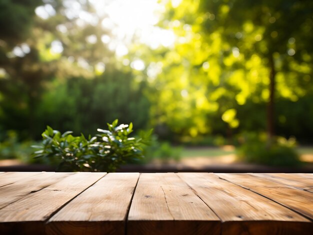 Wooden floor perspective and green forest with ray of light