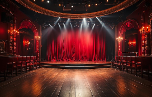 A wooden floor a red stage curtain and a microphone