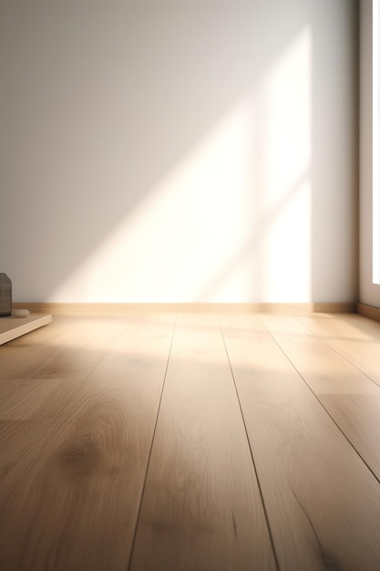 A wooden floor in a room with a window and a wooden box.