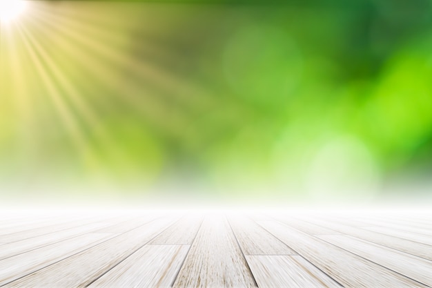 Wooden Floor Scene Background Green Bokeh With Sun Light