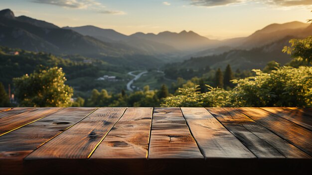 Wooden floor surface made of natural boards against the backdrop of forest and mountain nature