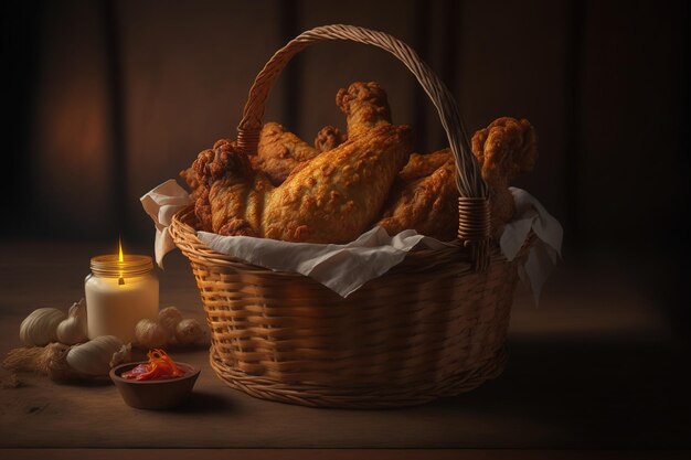 On a wooden floor there is a basket of fried chicken