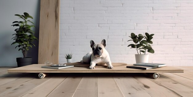 A wooden floor white brick walls books in a open space and a plants plant on the grass