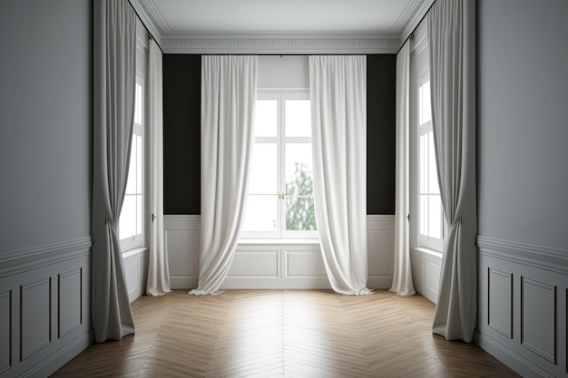 Wooden floor white draperies and windows