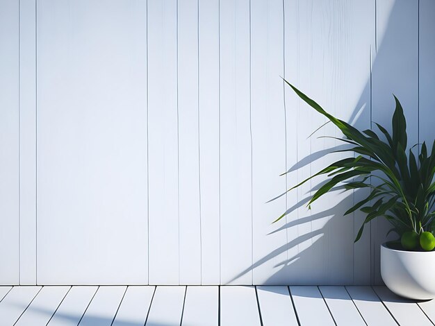 Wooden floor and white empty wall with plant shadows background Product presentation display mockup