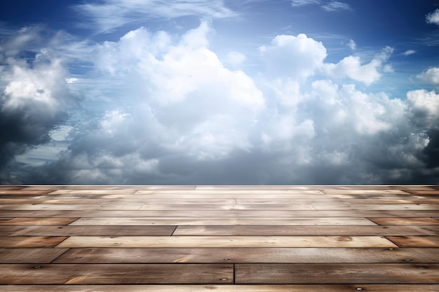 A wooden floor with a blue sky and clouds