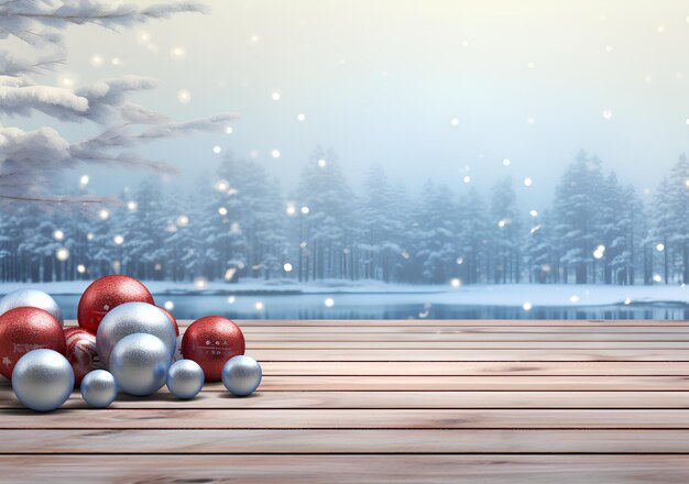 A Wooden Floor with Christmas Balls Over It and Snow