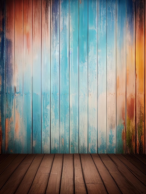 A wooden floor with a colorful background