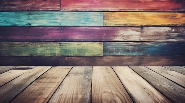 A wooden floor with colorful boards and the word rainbow on it