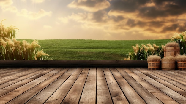 Photo a wooden floor with a field of green and yellow flowers in the background
