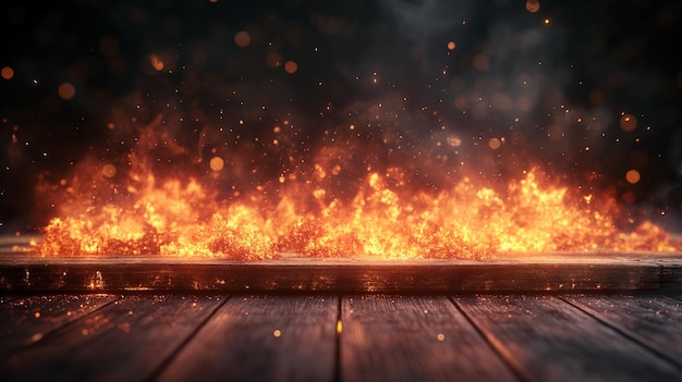 Wooden floor with fire and bokeh background