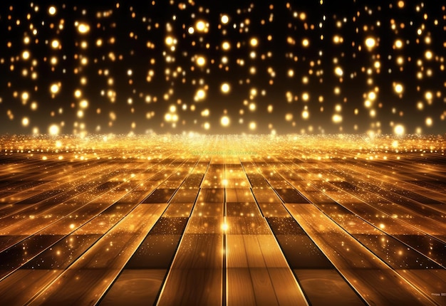 A wooden floor with gold lights and a black background