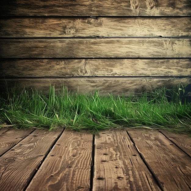 Photo wooden floor with grass on the ground