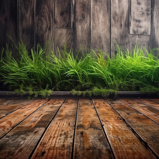 Foto un pavimento in legno con erba che cresce sullo sfondo.