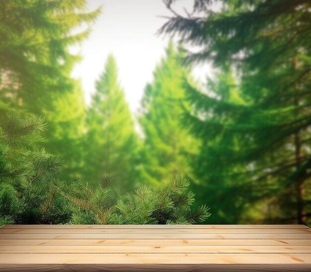 A wooden floor with a green forest background