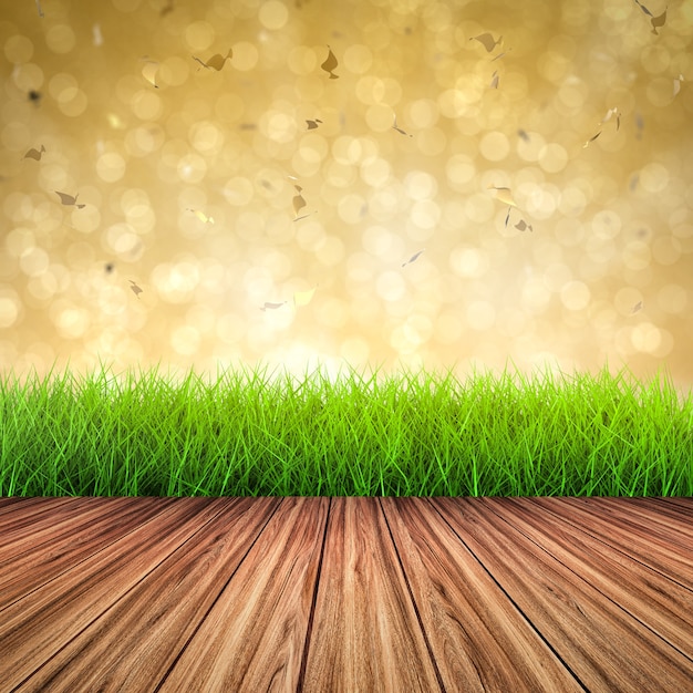 Wooden floor with green grass on gold glitter  background