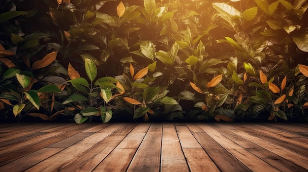 A wooden floor with green leaves around it