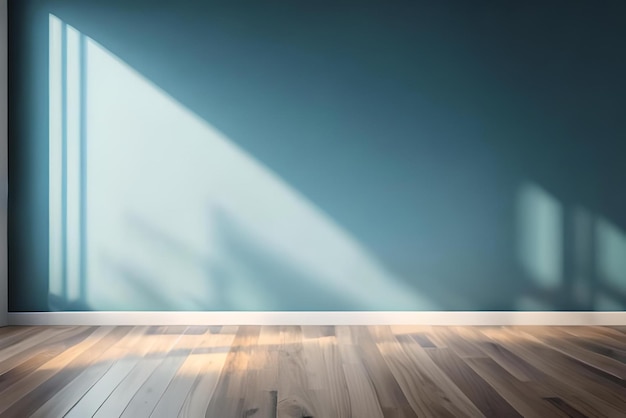 A wooden floor with a light and a blue wall behind it