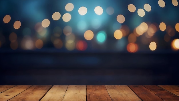 a wooden floor with lights in the background