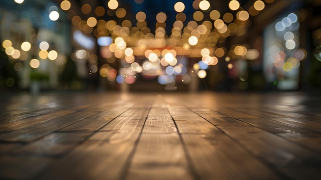 Photo a wooden floor with lights in the background