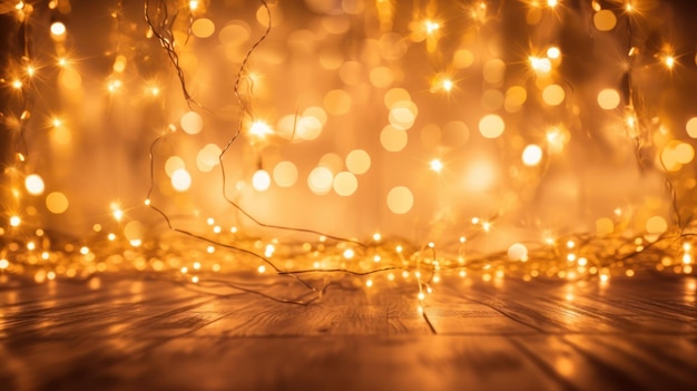 A wooden floor with lights in the background