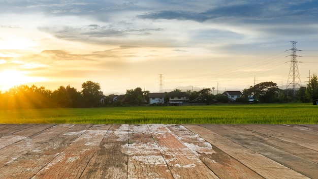 Wooden floor with nature mountains agriculture cityscape background