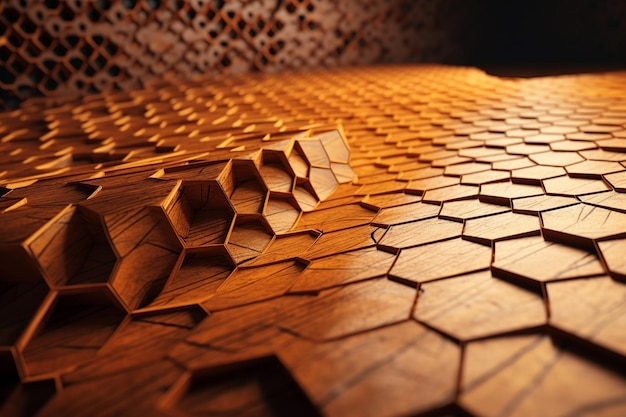 A wooden floor with a pattern of hexagons.