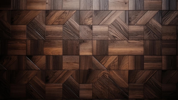 A wooden floor with a pattern of squares and triangles.