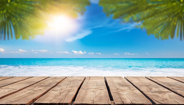 海と青い空の背景の木製の床 夏のコンセプト