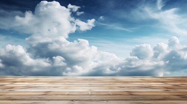 Photo a wooden floor with a sky background generative ai
